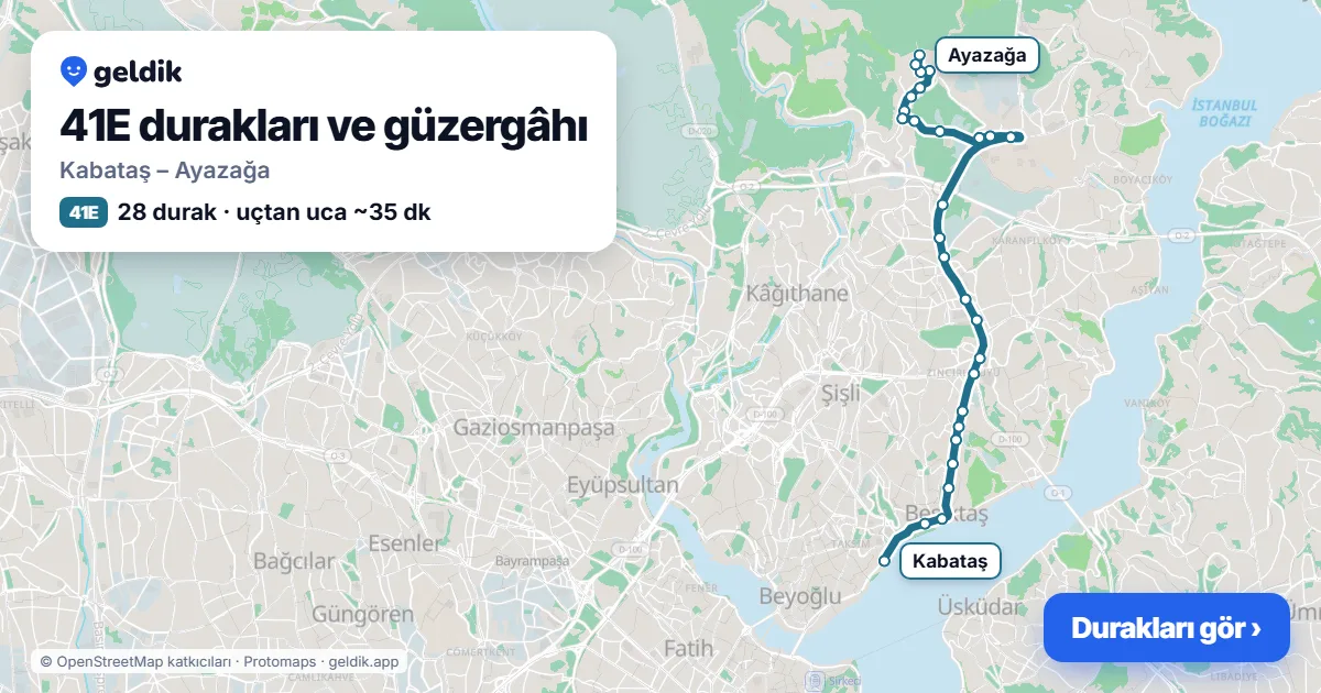 41E otobüs güzergâhı haritası: Kabataş – Ayazağa, 28 durak