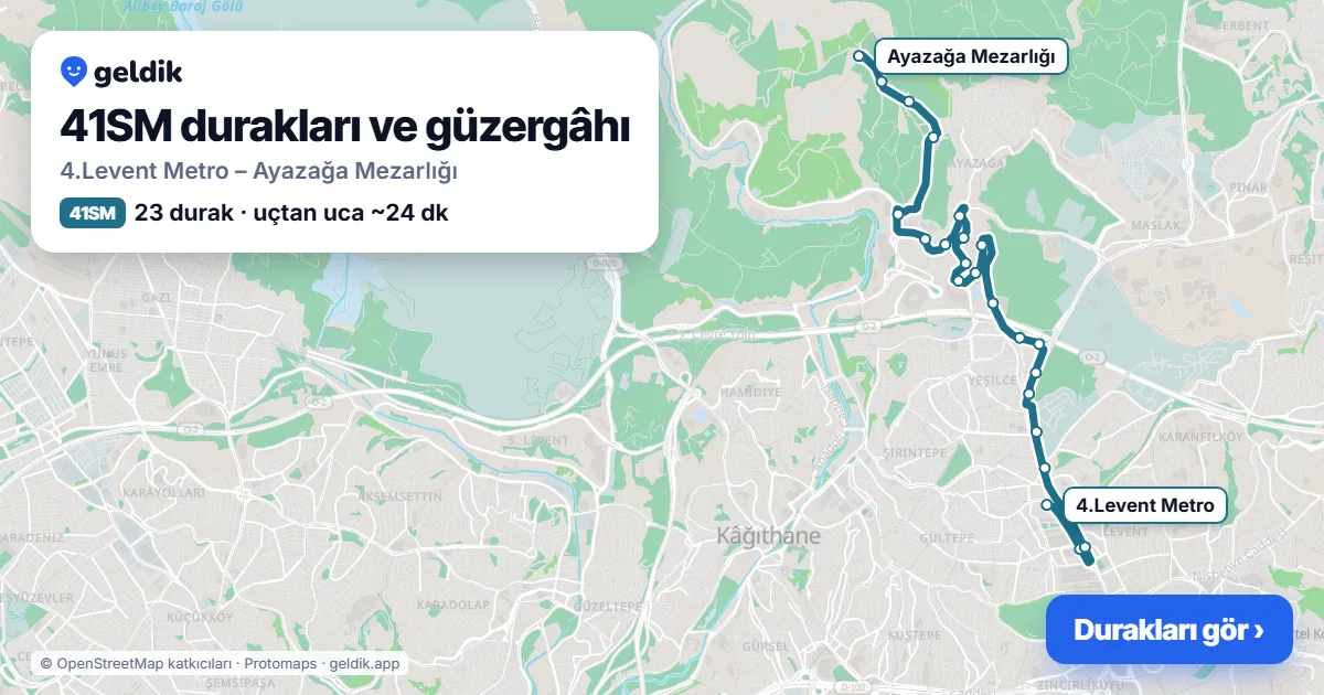 41SM bus route map: 4.Levent Metro – Ayazağa Mezarlığı, 23 stops