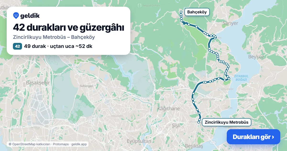 42 otobüs güzergâhı haritası: Zincirlikuyu Metrobüs – Bahçeköy, 49 durak