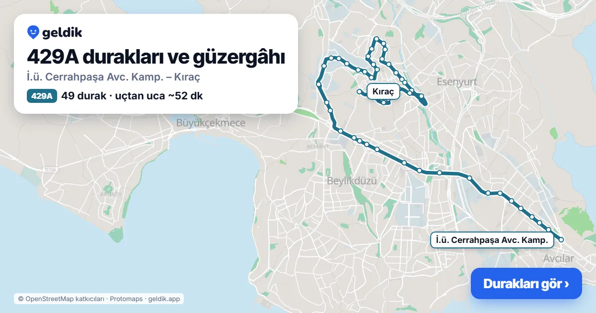 429A otobüs güzergâhı haritası: İ.ü. Cerrahpaşa Avc. Kamp. – Kıraç, 49 durak