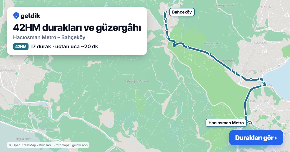 42HM bus route map: Hacıosman Metro – Bahçeköy, 17 stops