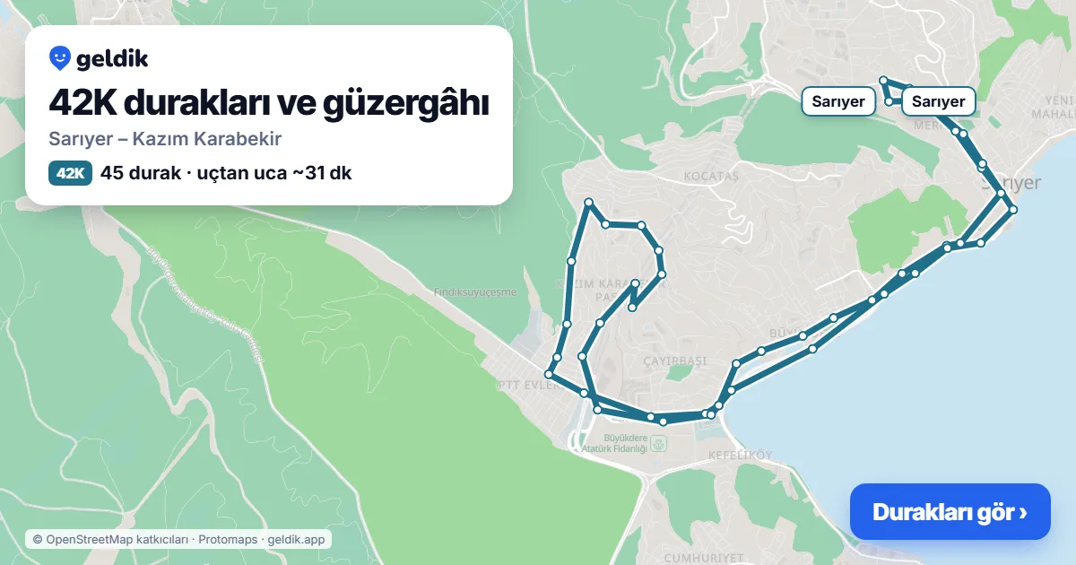 42K otobüs güzergâhı haritası: Sarıyer – Kazım Karabekir, 45 durak
