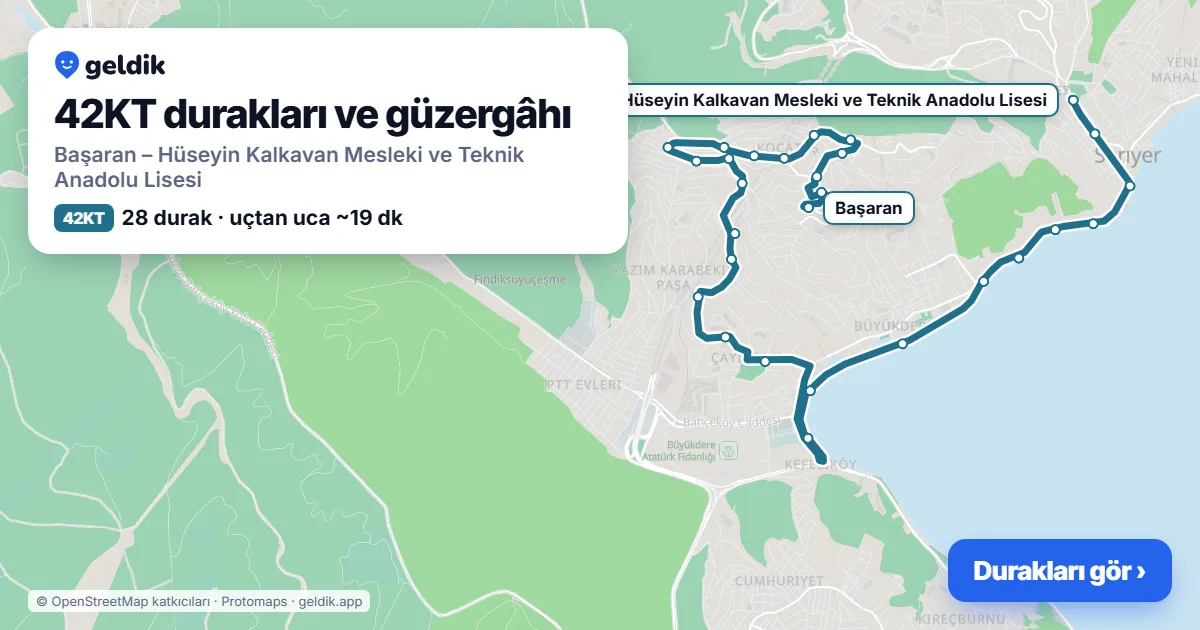 42KT otobüs güzergâhı haritası: Başaran – Hüseyin Kalkavan Mesleki ve Teknik Anadolu Lisesi, 28 durak