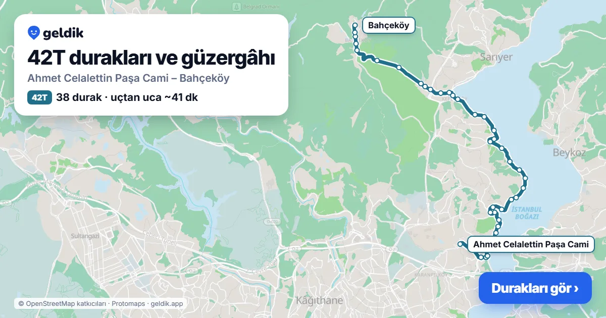 42T bus route map: Ahmet Celalettin Paşa Cami – Bahçeköy, 38 stops