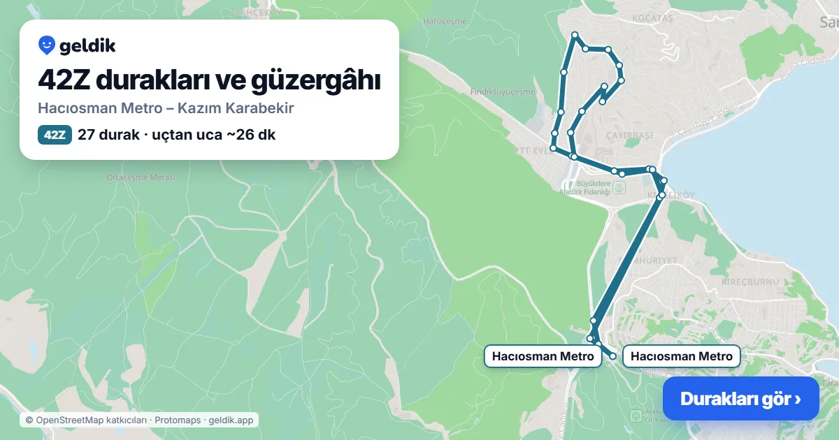 42Z otobüs güzergâhı haritası: Hacıosman Metro – Kazım Karabekir, 27 durak