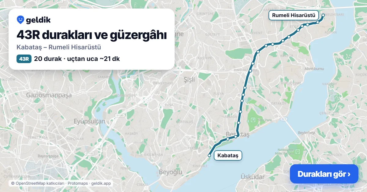 43R otobüs güzergâhı haritası: Kabataş – Rumeli Hisarüstü, 20 durak