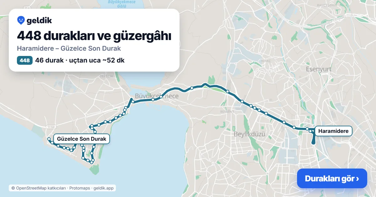 448 otobüs güzergâhı haritası: Haramidere – Güzelce Son Durak, 46 durak