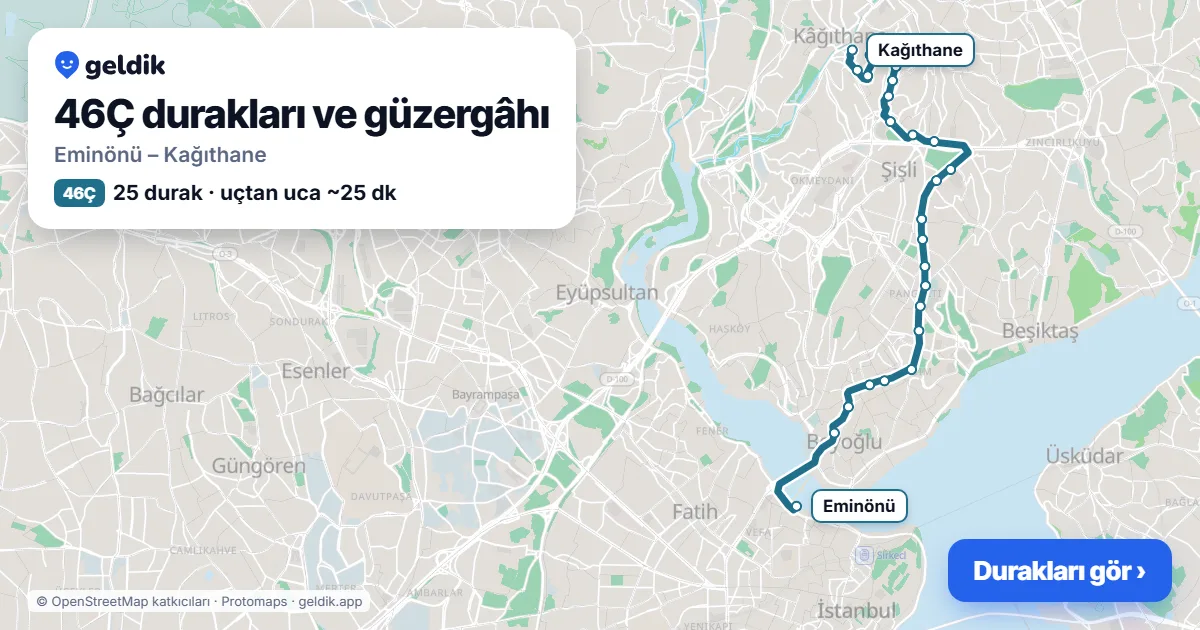 46Ç otobüs güzergâhı haritası: Eminönü – Kağıthane, 25 durak