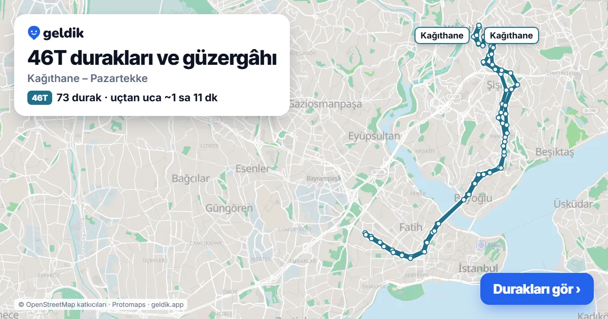 46T otobüs güzergâhı haritası: Kağıthane – Pazartekke, 73 durak
