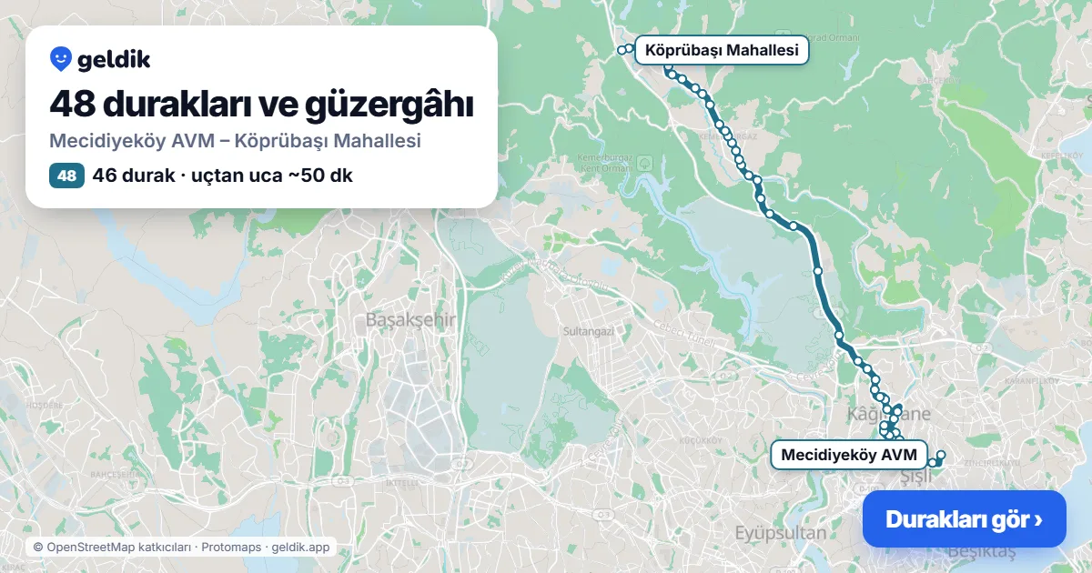48 otobüs güzergâhı haritası: Mecidiyeköy AVM – Köprübaşı Mahallesi, 46 durak