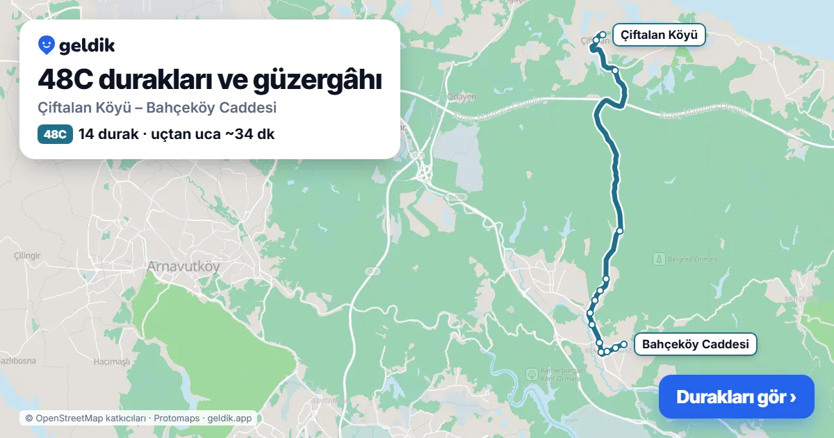 48C otobüs güzergâhı haritası: Çiftalan Köyü – Bahçeköy Caddesi, 14 durak