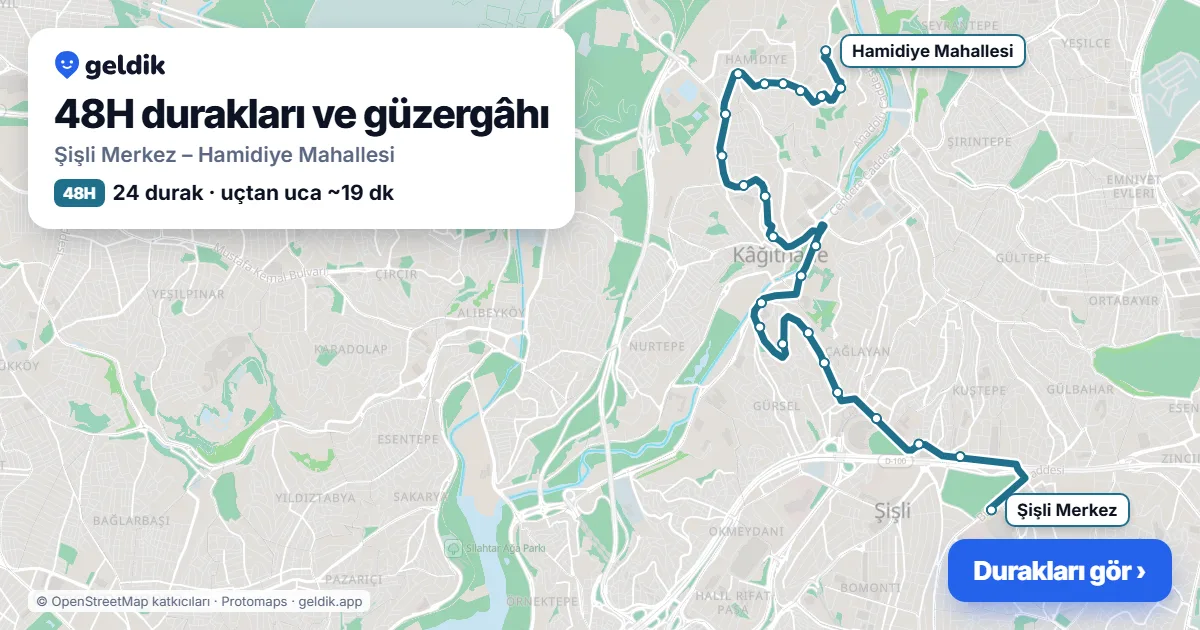 48H otobüs güzergâhı haritası: Şişli Merkez – Hamidiye Mahallesi, 24 durak