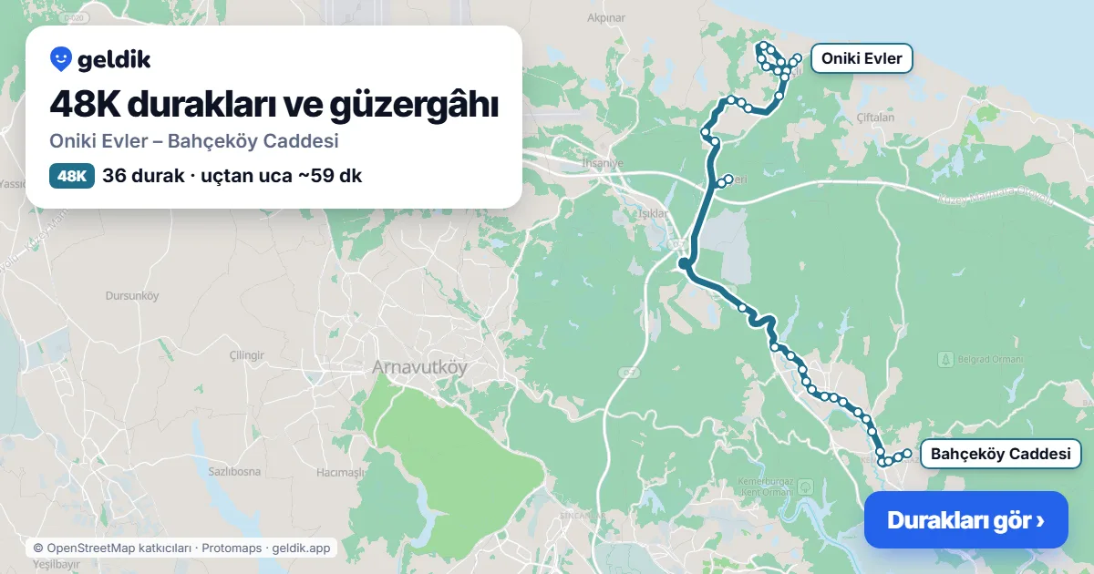 48K otobüs güzergâhı haritası: Oniki Evler – Bahçeköy Caddesi, 36 durak