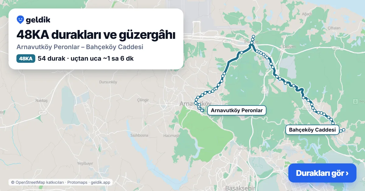48KA bus route map: Arnavutköy Peronlar – Bahçeköy Caddesi, 54 stops