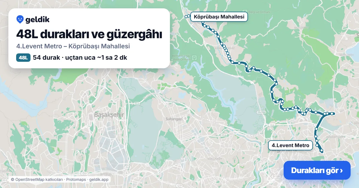 48L otobüs güzergâhı haritası: 4.Levent Metro – Köprübaşı Mahallesi, 54 durak
