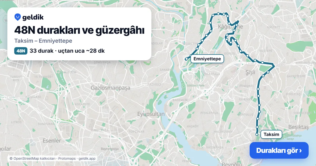 48N otobüs güzergâhı haritası: Taksim – Emniyettepe, 33 durak