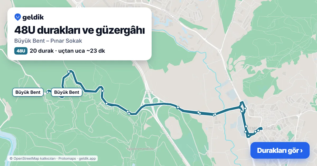 48U otobüs güzergâhı haritası: Büyük Bent – Pınar Sokak, 20 durak