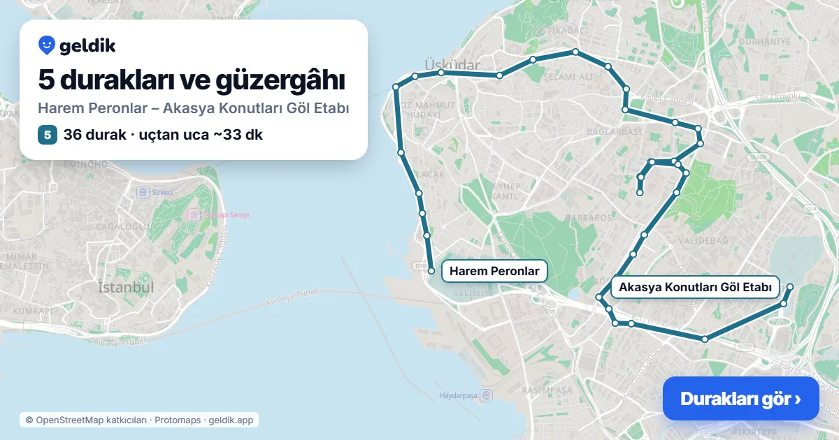 5 otobüs güzergâhı haritası: Harem Peronlar – Akasya Konutları Göl Etabı, 36 durak