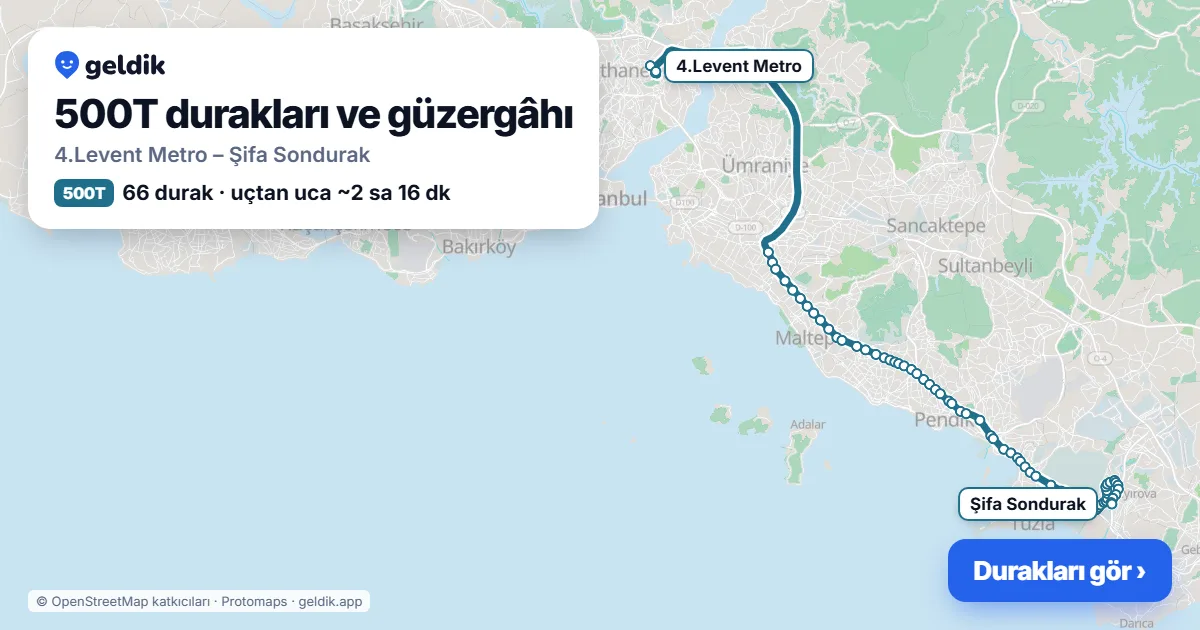 500T otobüs güzergâhı haritası: 4.Levent Metro – Şifa Sondurak, 66 durak