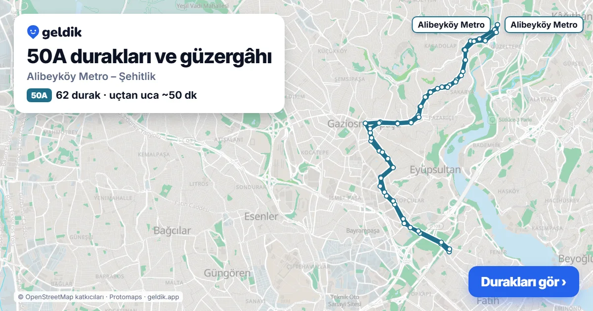 50A bus route map: Alibeyköy Metro – Şehitlik, 62 stops