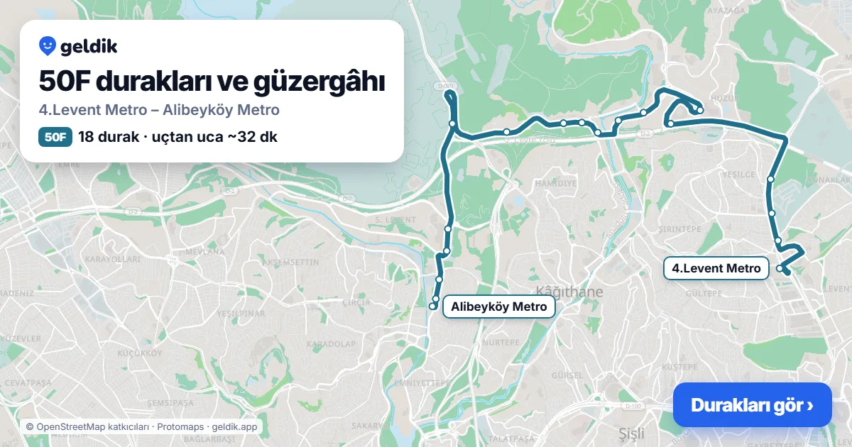 50F otobüs güzergâhı haritası: 4.Levent Metro – Alibeyköy Metro, 18 durak