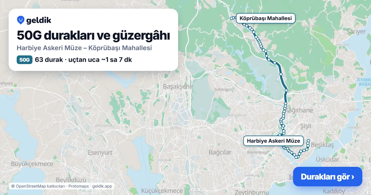 50G otobüs güzergâhı haritası: Harbiye Askeri Müze – Köprübaşı Mahallesi, 63 durak