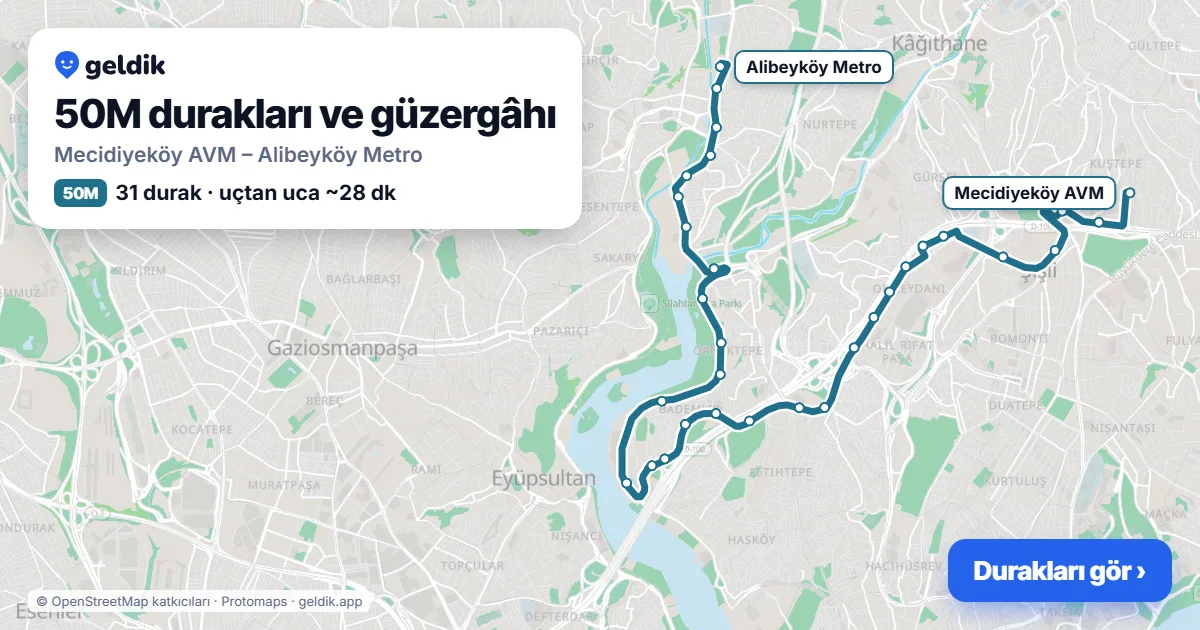 50M otobüs güzergâhı haritası: Mecidiyeköy AVM – Alibeyköy Metro, 31 durak
