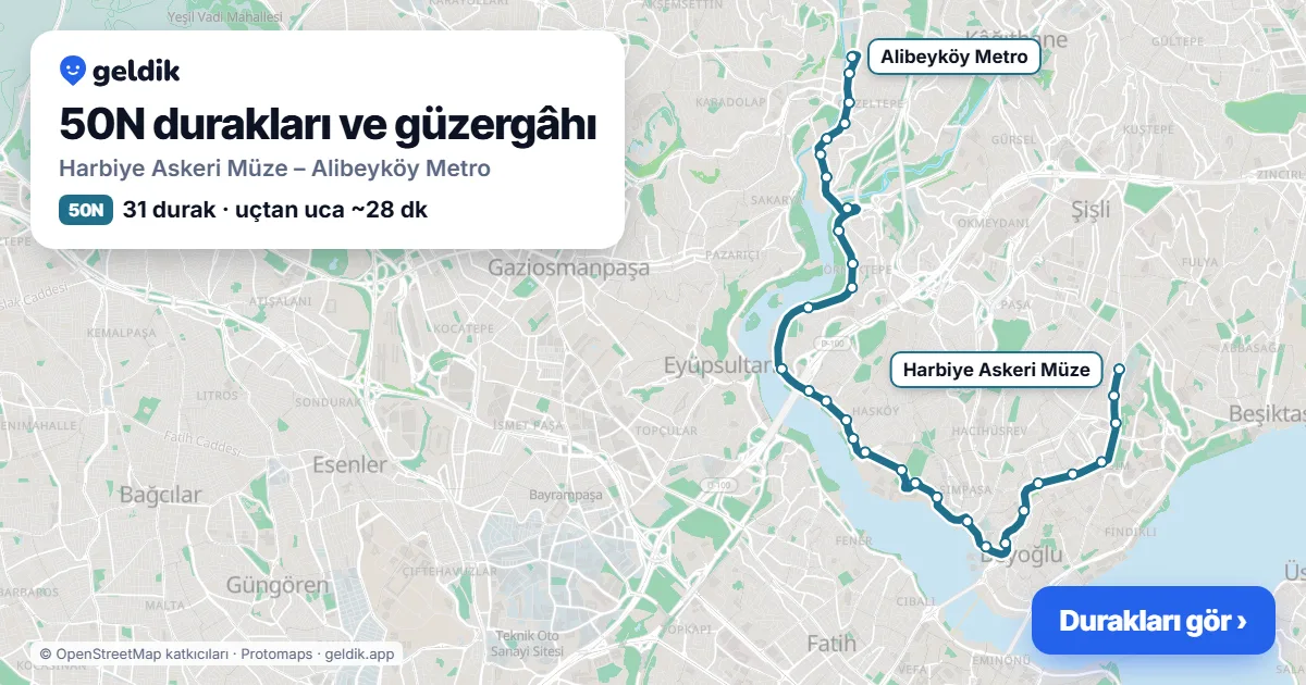50N otobüs güzergâhı haritası: Harbiye Askeri Müze – Alibeyköy Metro, 31 durak