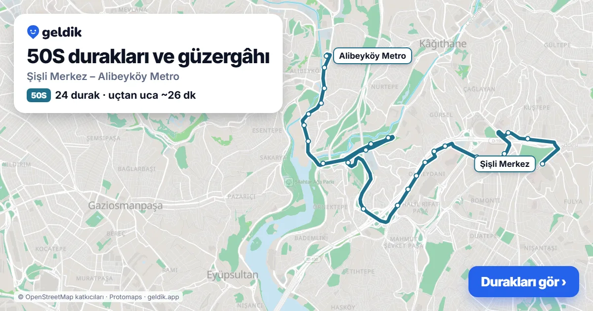 50S otobüs güzergâhı haritası: Şişli Merkez – Alibeyköy Metro, 24 durak