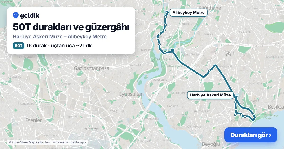 50T otobüs güzergâhı haritası: Harbiye Askeri Müze – Alibeyköy Metro, 16 durak