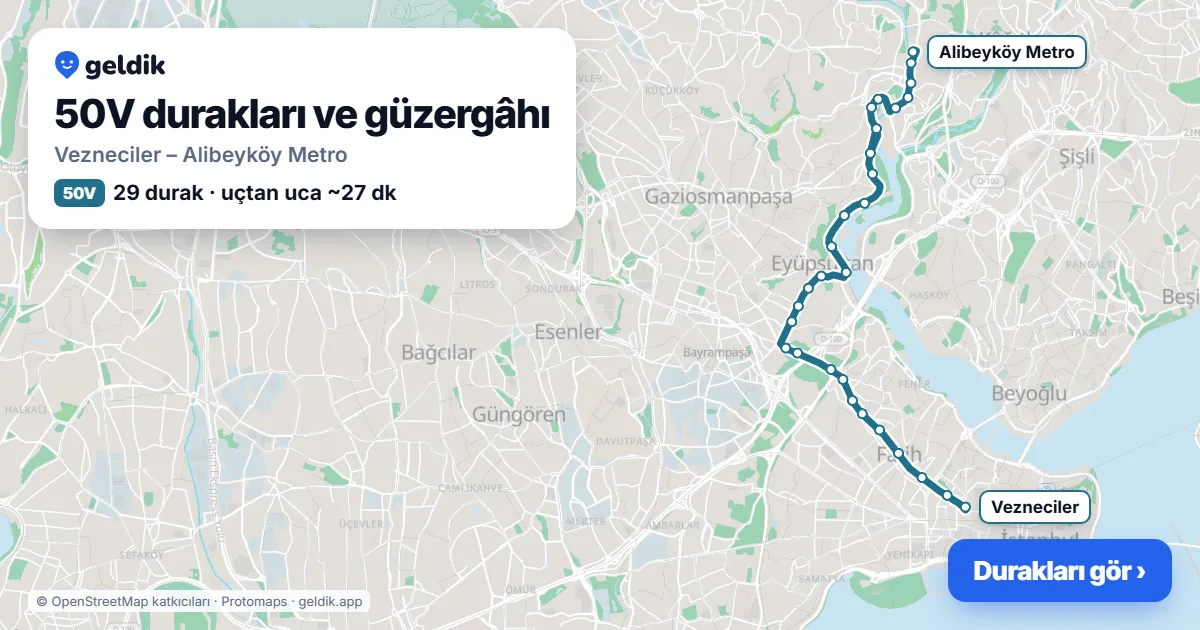 50V otobüs güzergâhı haritası: Vezneciler – Alibeyköy Metro, 29 durak