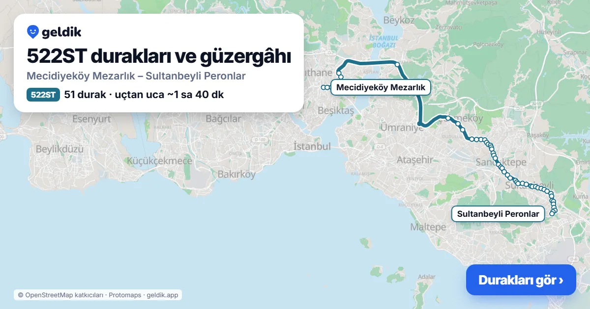 522ST otobüs güzergâhı haritası: Mecidiyeköy Mezarlık – Sultanbeyli Peronlar, 51 durak
