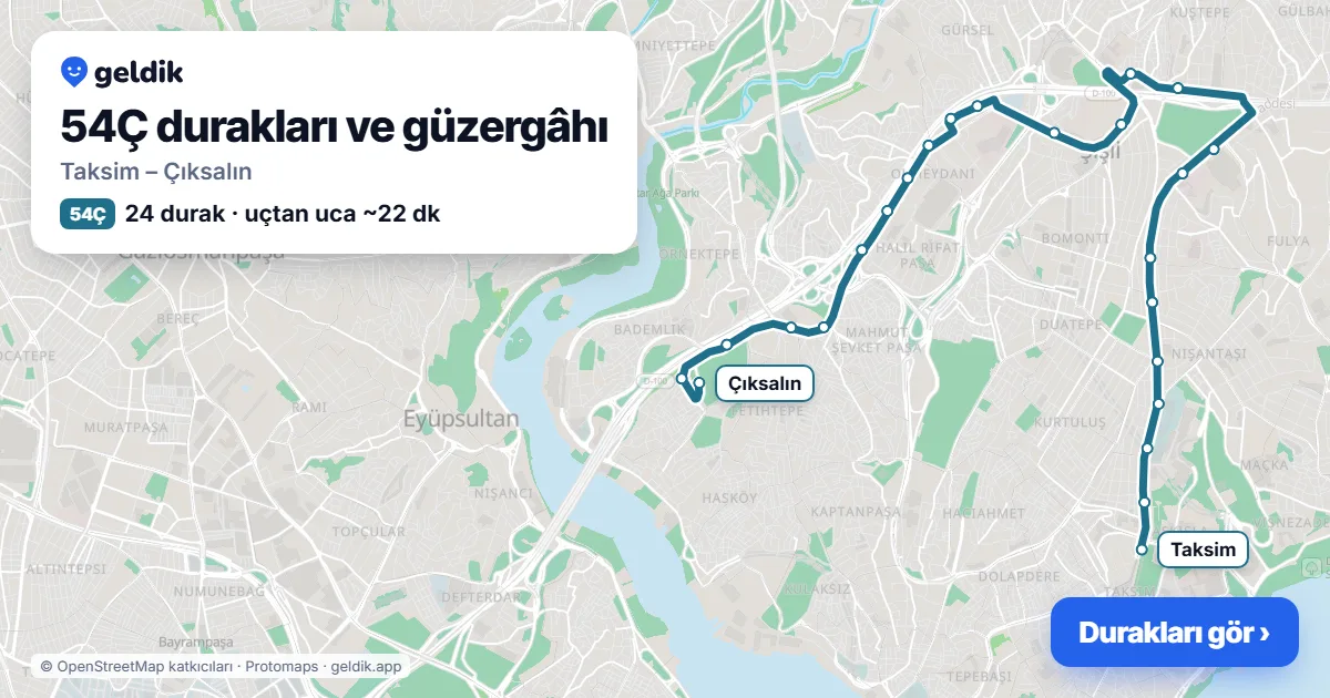54Ç otobüs güzergâhı haritası: Taksim – Çıksalın, 24 durak
