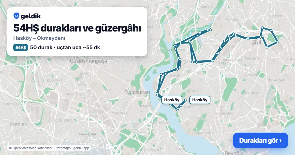 54HŞ otobüs güzergâhı haritası: Hasköy – Okmeydanı, 50 durak