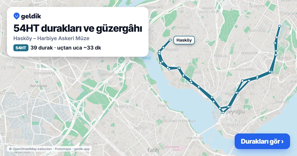 54HT otobüs güzergâhı haritası: Hasköy – Harbiye Askeri Müze, 39 durak
