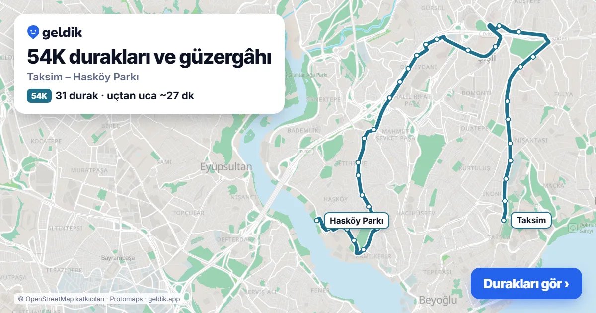 54K otobüs güzergâhı haritası: Taksim – Hasköy Parkı, 31 durak