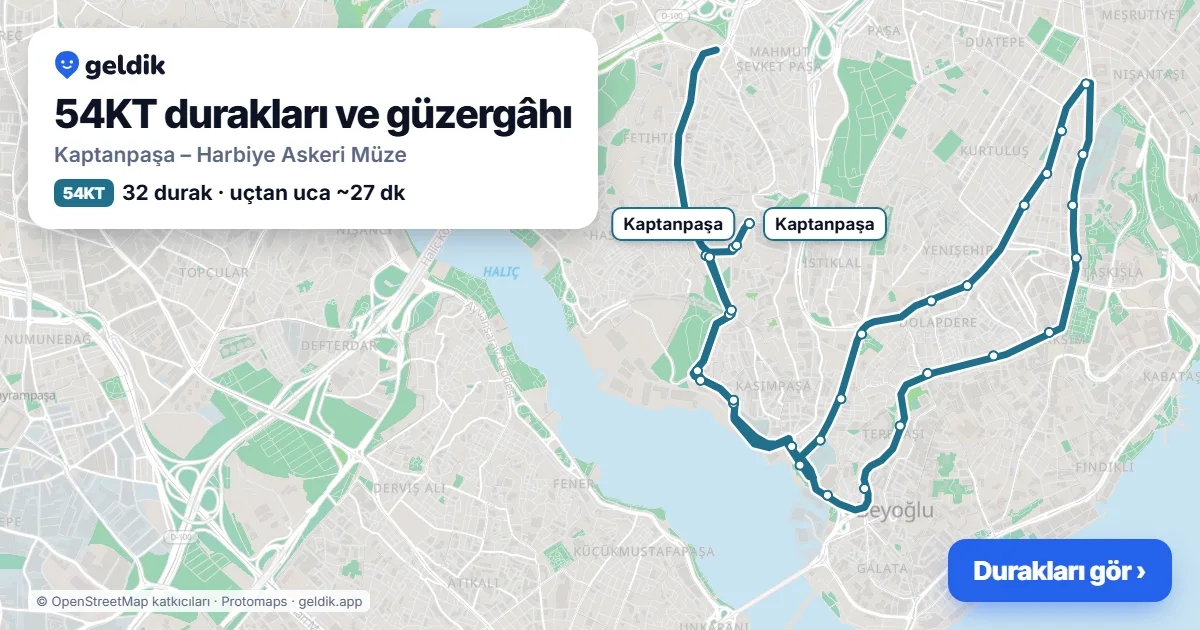 54KT bus route map: Kaptanpaşa – Harbiye Askeri Müze, 32 stops