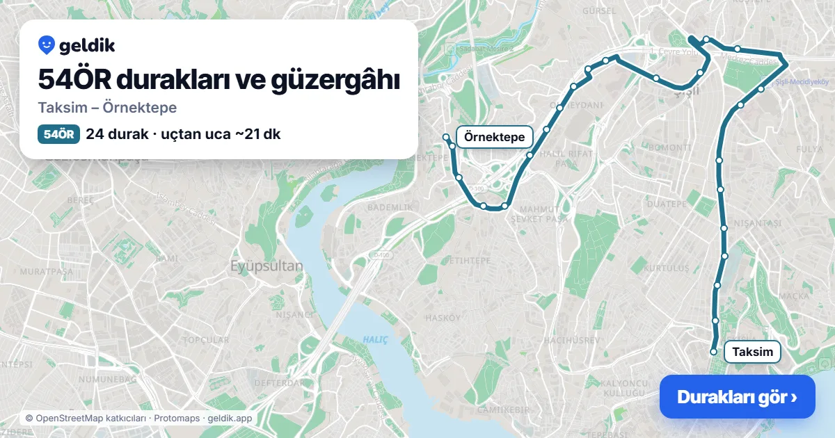 54ÖR otobüs güzergâhı haritası: Taksim – Örnektepe, 24 durak