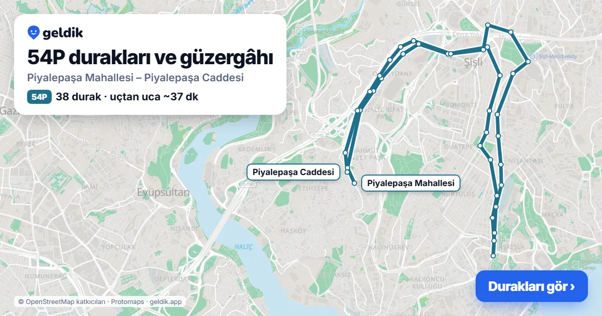 54P otobüs güzergâhı haritası: Piyalepaşa Mahallesi – Piyalepaşa Caddesi, 38 durak