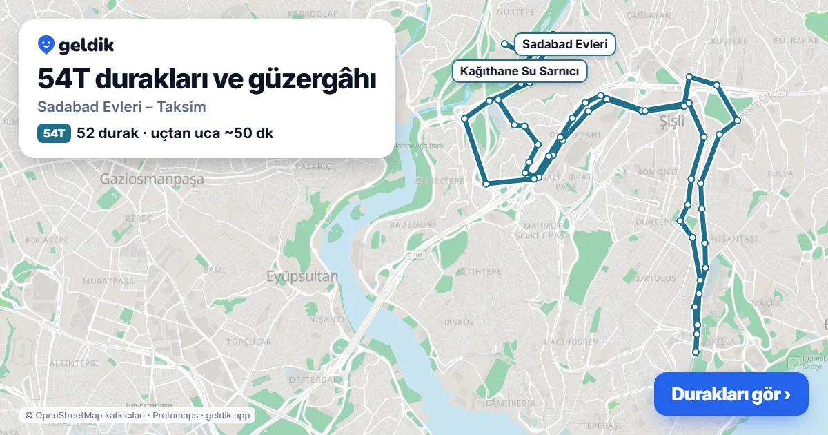 54T bus route map: Sadabad Evleri – Taksim, 52 stops