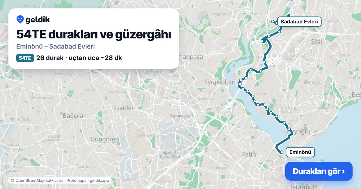 54TE otobüs güzergâhı haritası: Eminönü – Sadabad Evleri, 26 durak
