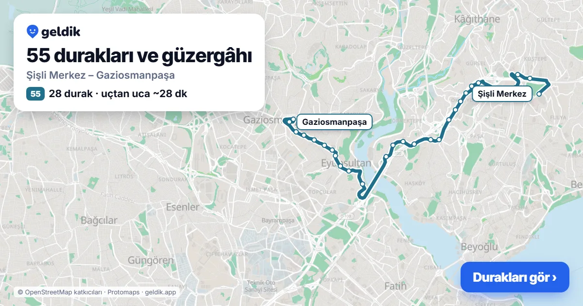 55 otobüs güzergâhı haritası: Şişli Merkez – Gaziosmanpaşa, 28 durak