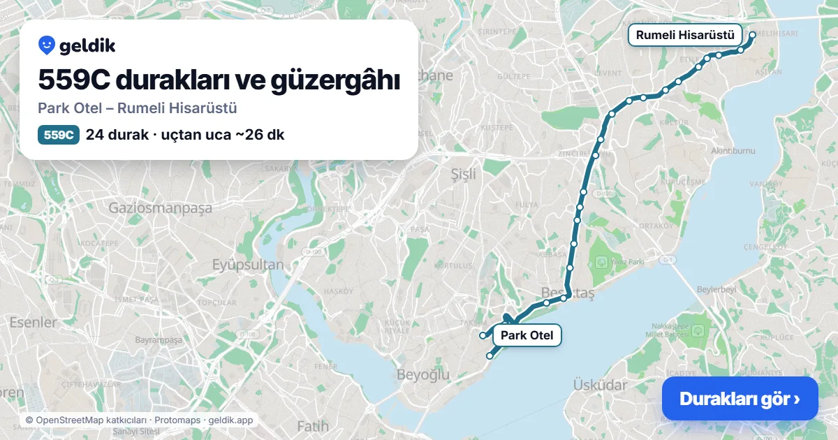 559C otobüs güzergâhı haritası: Park Otel – Rumeli Hisarüstü, 24 durak