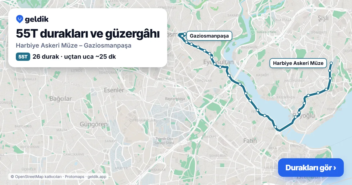 55T otobüs güzergâhı haritası: Harbiye Askeri Müze – Gaziosmanpaşa, 26 durak