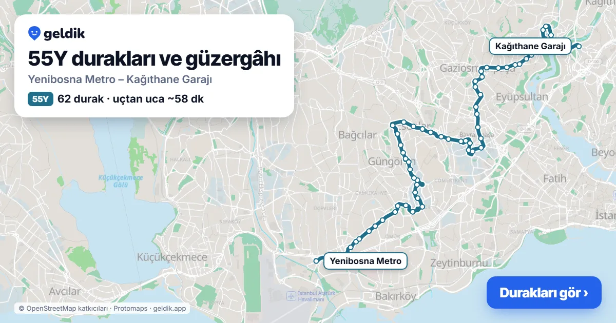 55Y otobüs güzergâhı haritası: Yenibosna Metro – Kağıthane Garajı, 62 durak