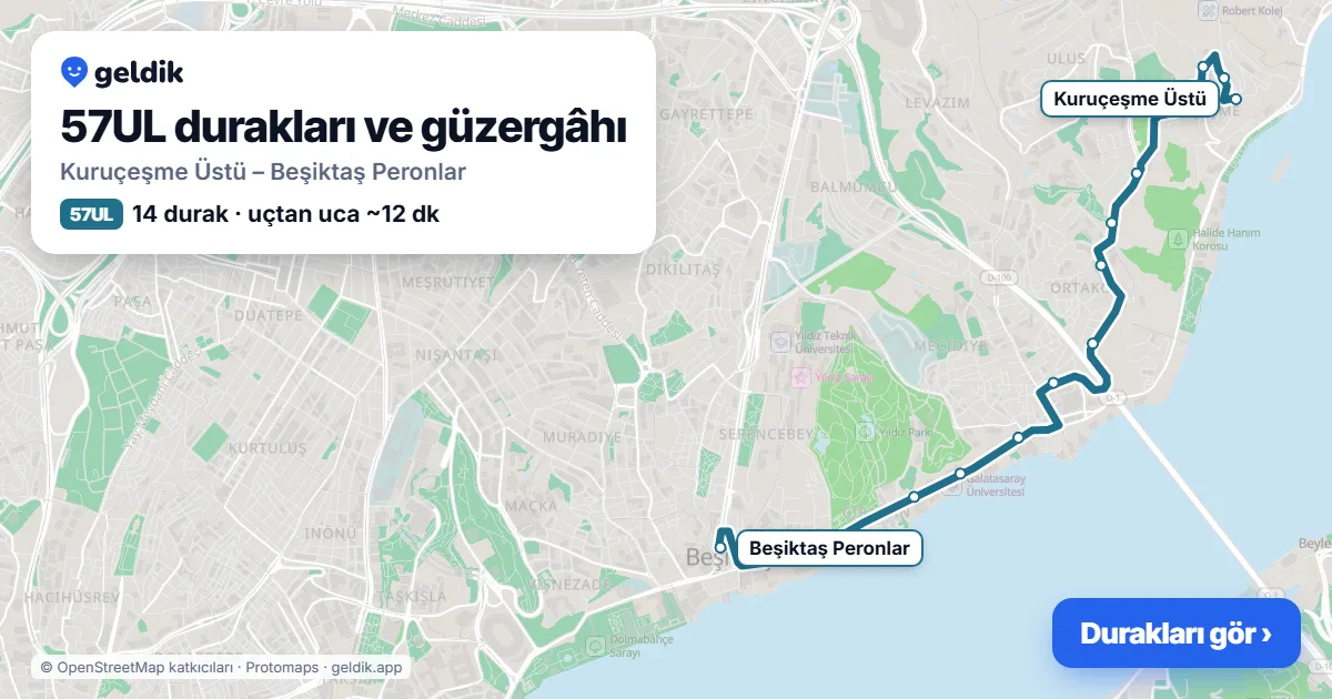 57UL otobüs güzergâhı haritası: Kuruçeşme Üstü – Beşiktaş Peronlar, 14 durak