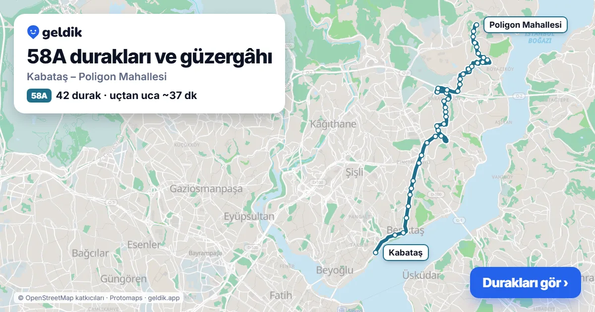 58A otobüs güzergâhı haritası: Kabataş – Poligon Mahallesi, 42 durak