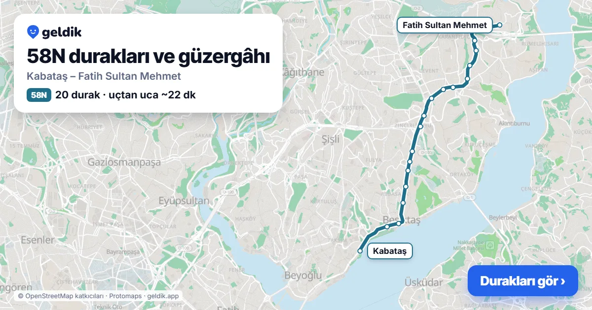 58N otobüs güzergâhı haritası: Kabataş – Fatih Sultan Mehmet, 20 durak