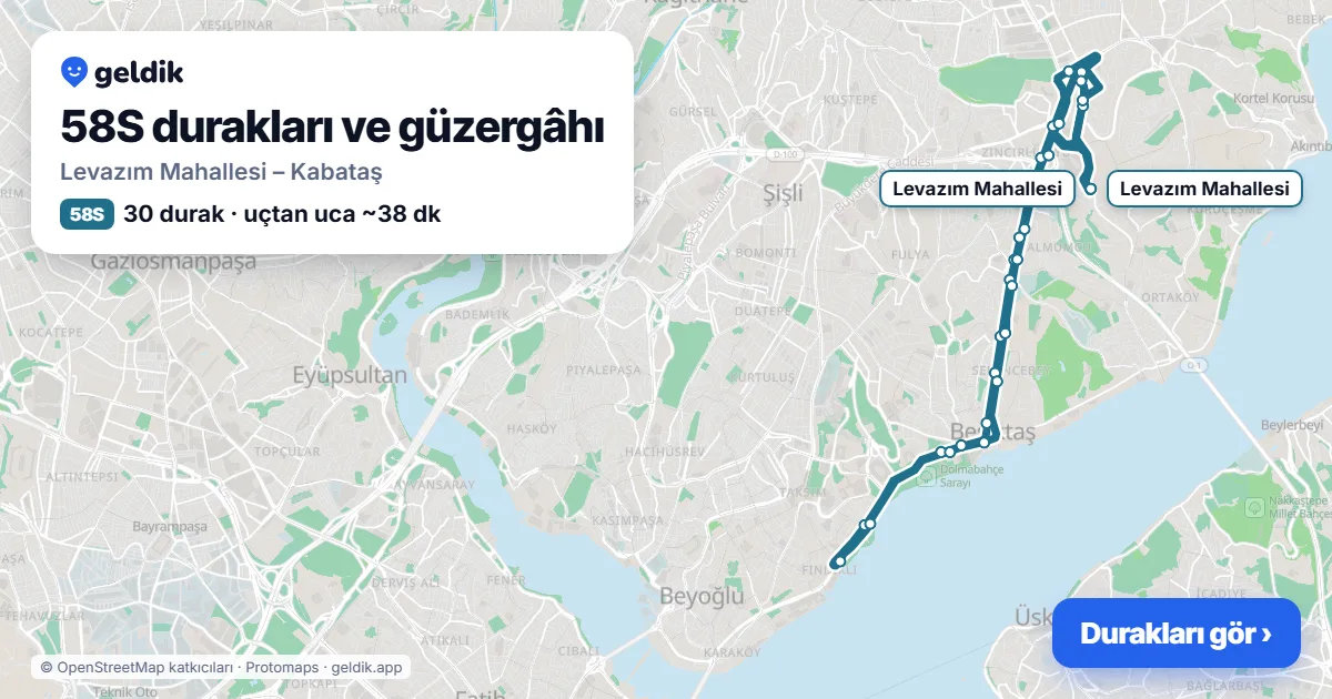 58S otobüs güzergâhı haritası: Levazım Mahallesi – Kabataş, 30 durak