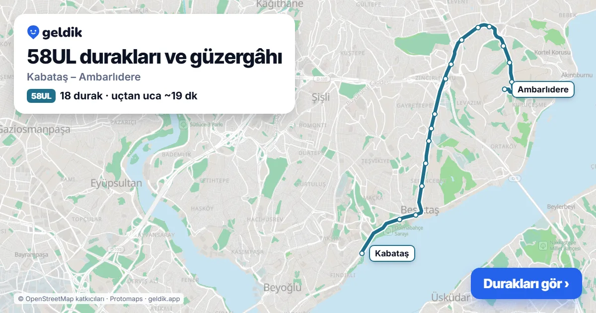 58UL otobüs güzergâhı haritası: Kabataş – Ambarlıdere, 18 durak